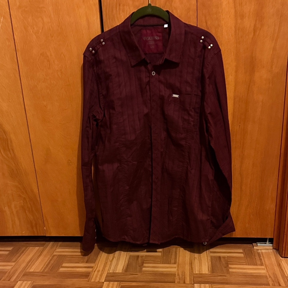 Guess Men's Burgundy Button-Down Shirt with Shoulder Studs